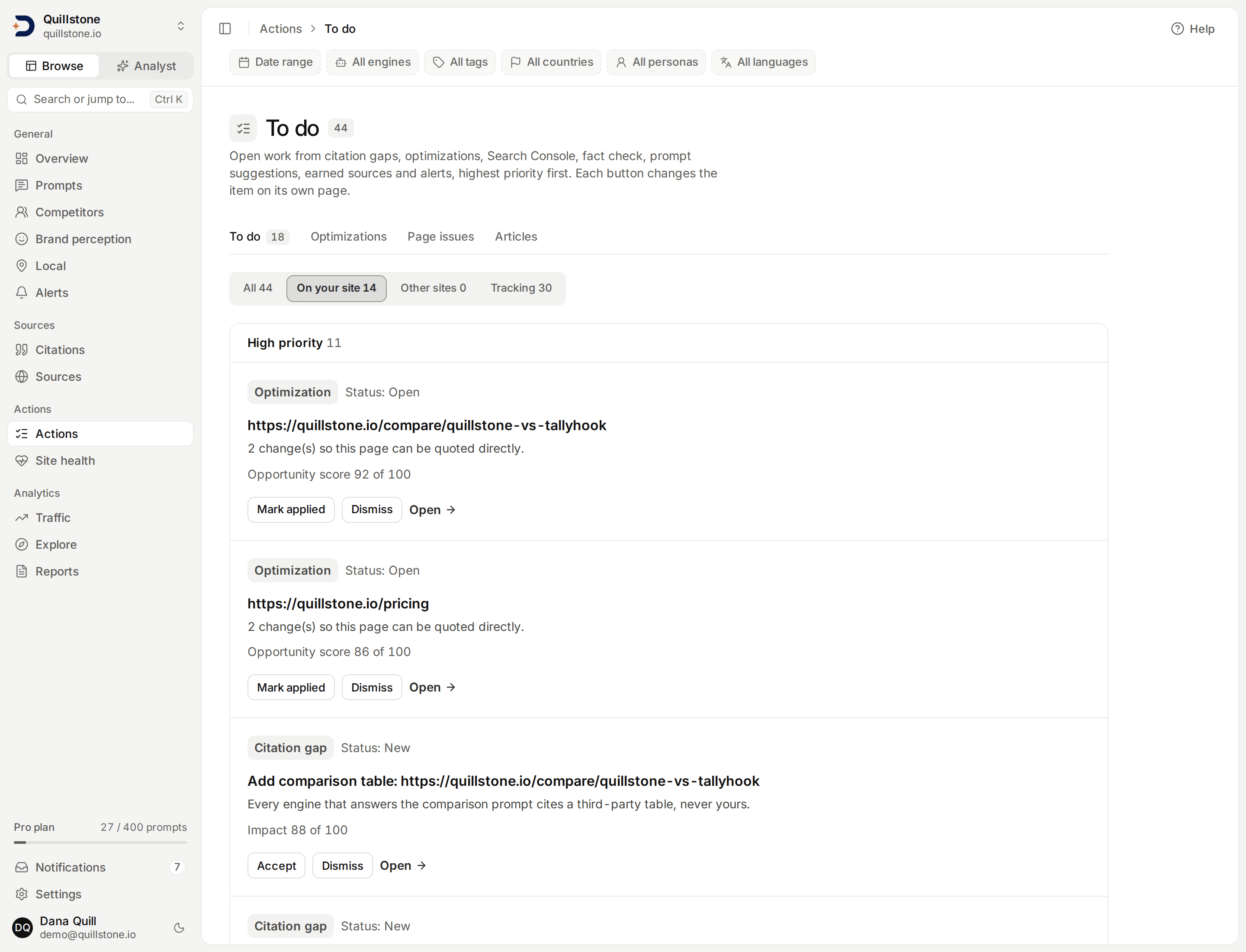 To do, On your site tab: the To do tab with its count of open High-priority items, the tab counts, then the High priority band with two optimizations and a citation gap, each with its buttons and an Open link