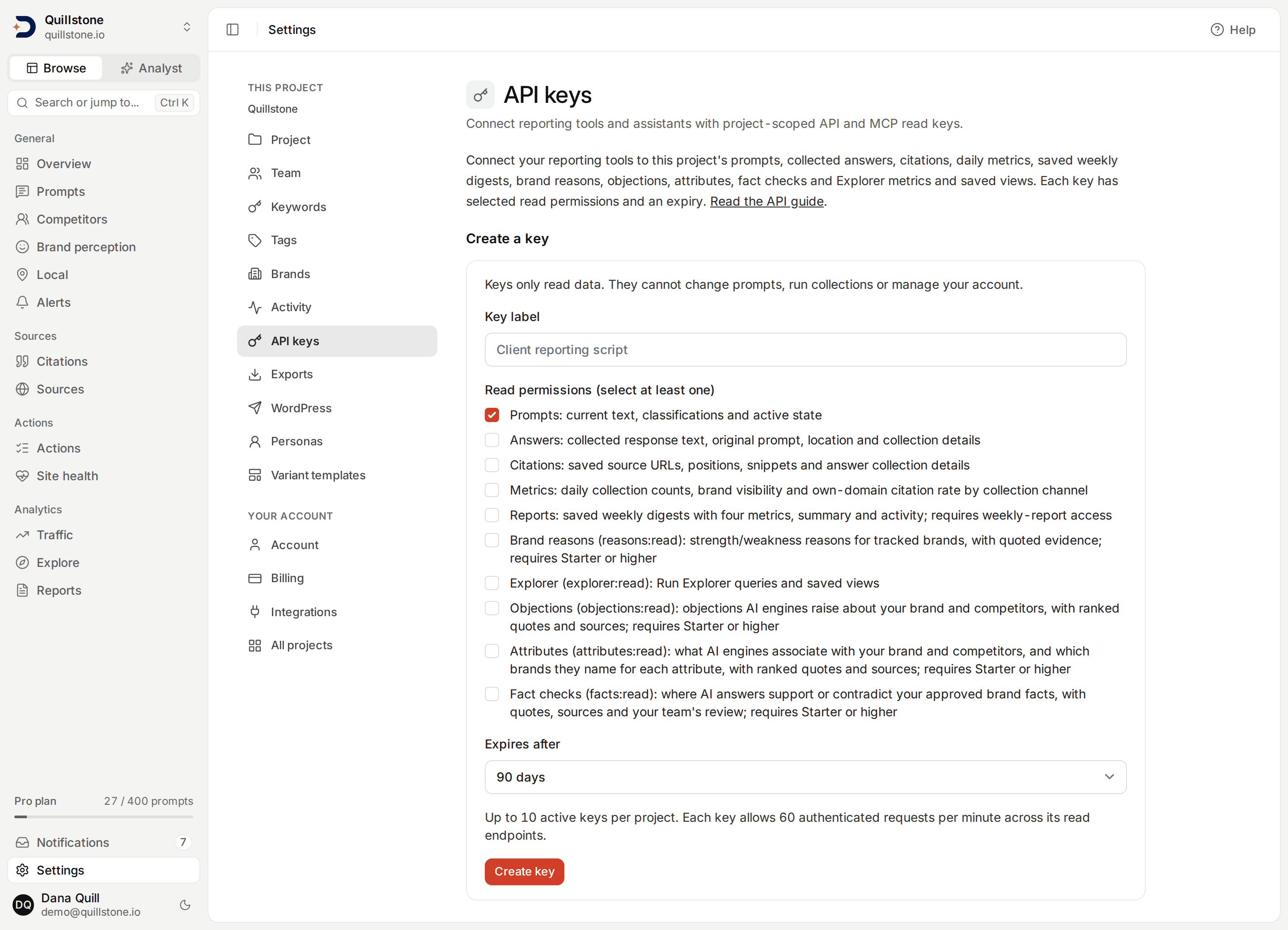 Project API key settings with the ten read permissions, from Prompts to Fact checks, and expiry controls