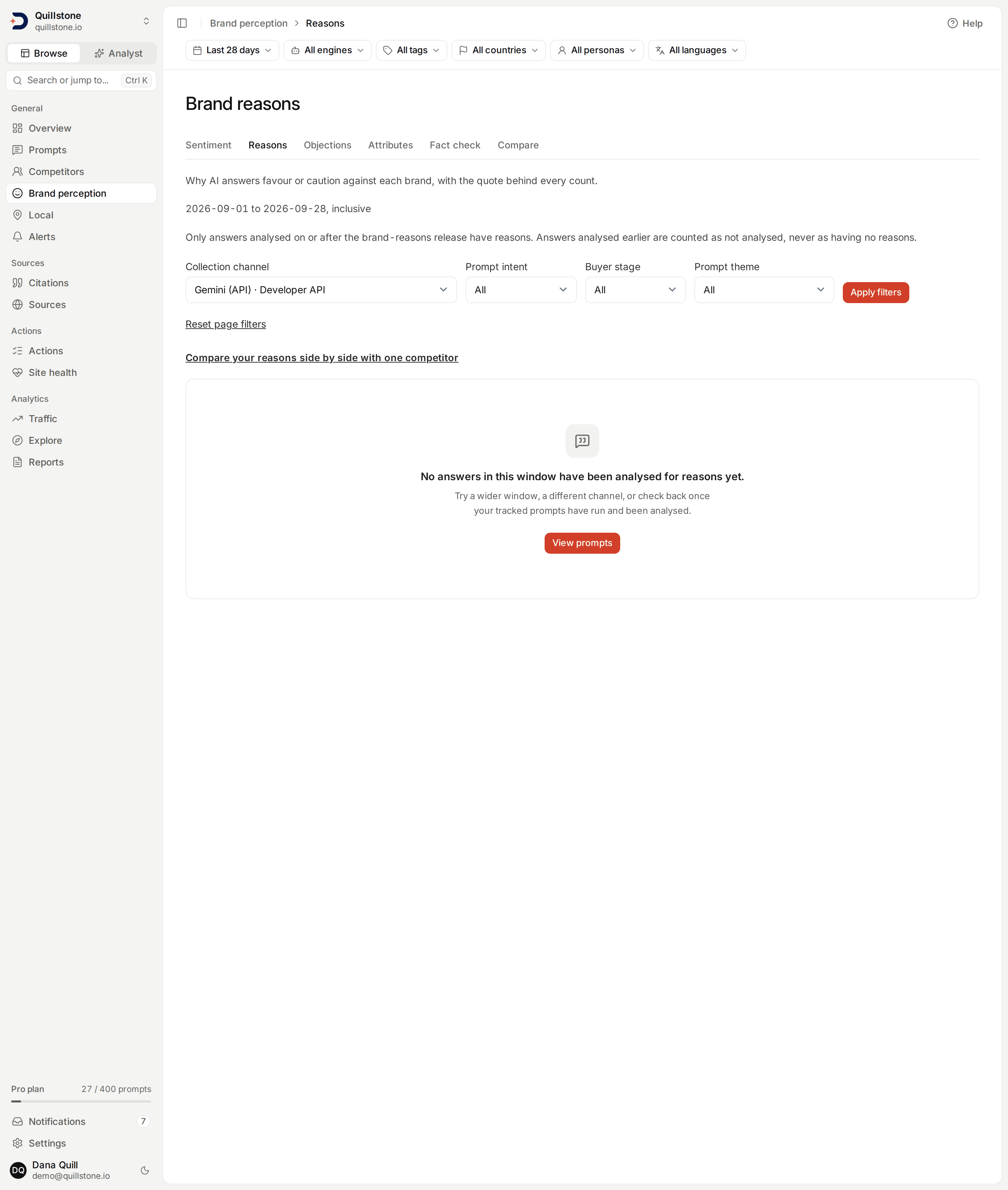 Brand reasons for the Quillstone demo project: reasons by brand with strengths and weaknesses, and quote evidence.
