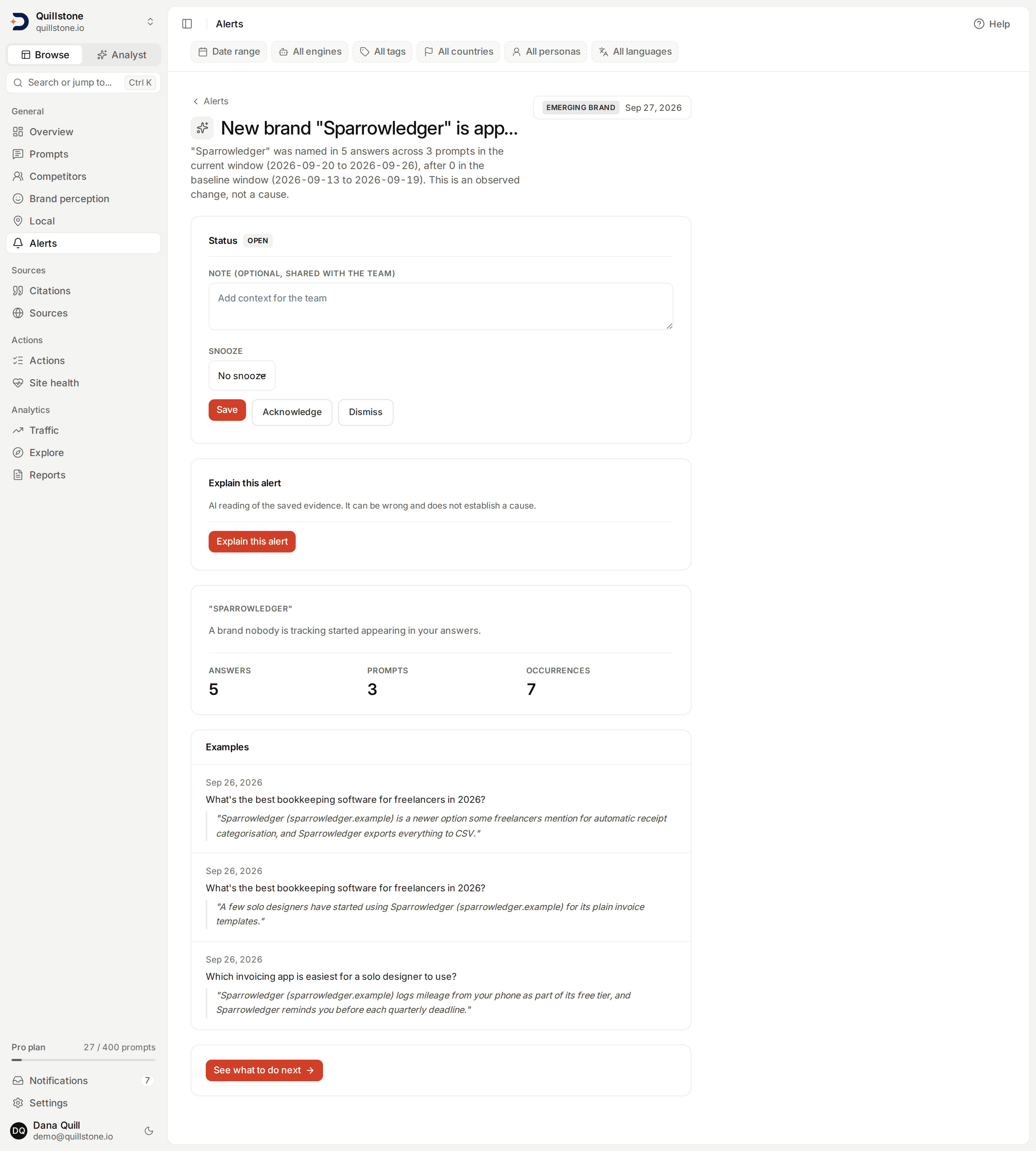 Emerging brand alert detail showing the current-window answer, prompt and occurrence counts, and example quotes.