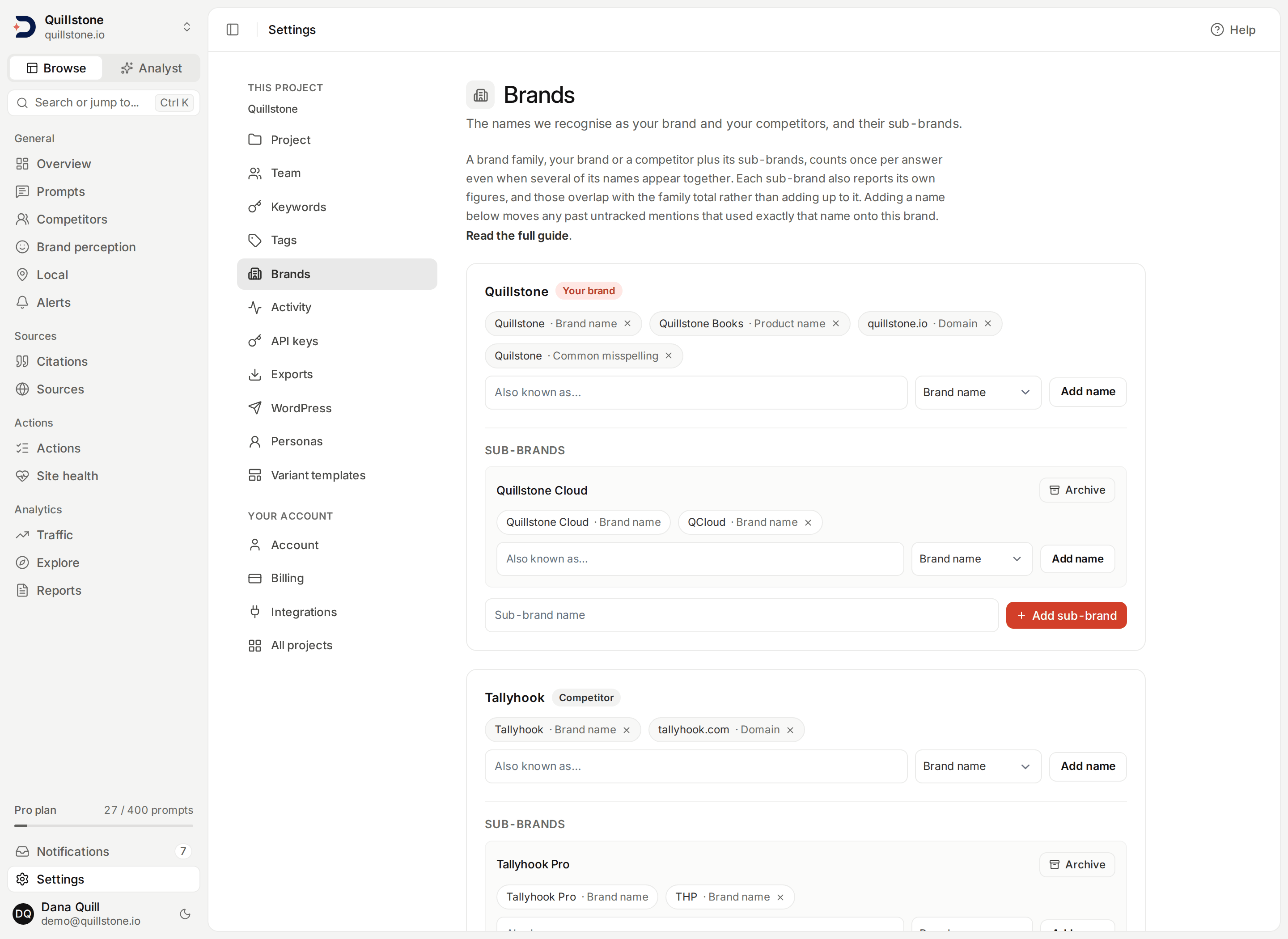 Settings, Brands, for the Quillstone demo project: Quillstone's own sub-brand Quillstone Cloud with its alias QCloud, and under the competitor Tallyhook, its sub-brand Tallyhook Pro with its alias THP.