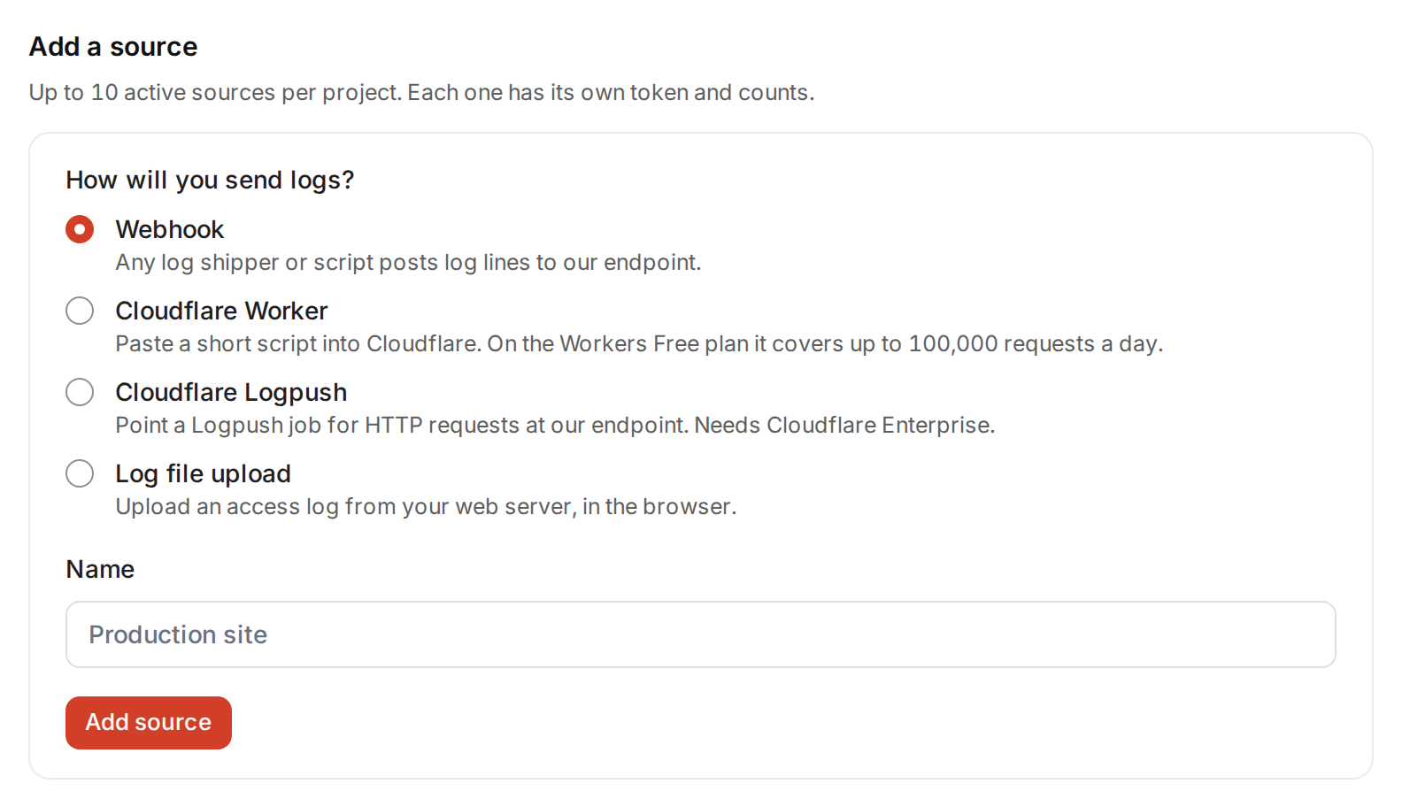 The Add a source form under Settings, Crawler logs: Webhook, Cloudflare Worker, Cloudflare Logpush and Log file upload, each with a line on what it needs, and a Name field