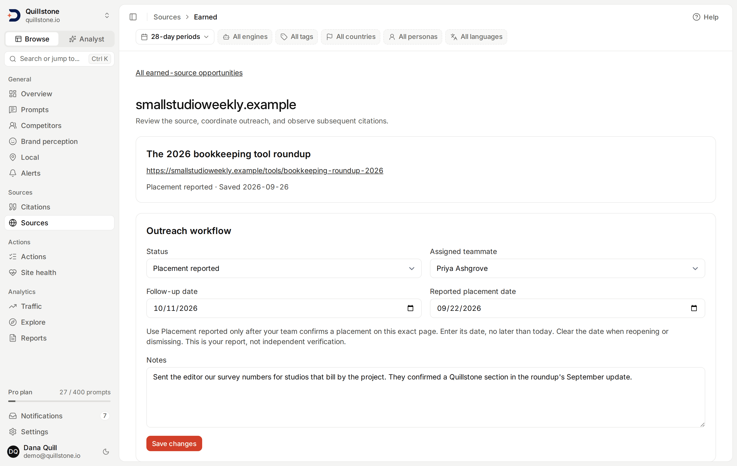 Earned-source opportunity with assignment and placement reporting
