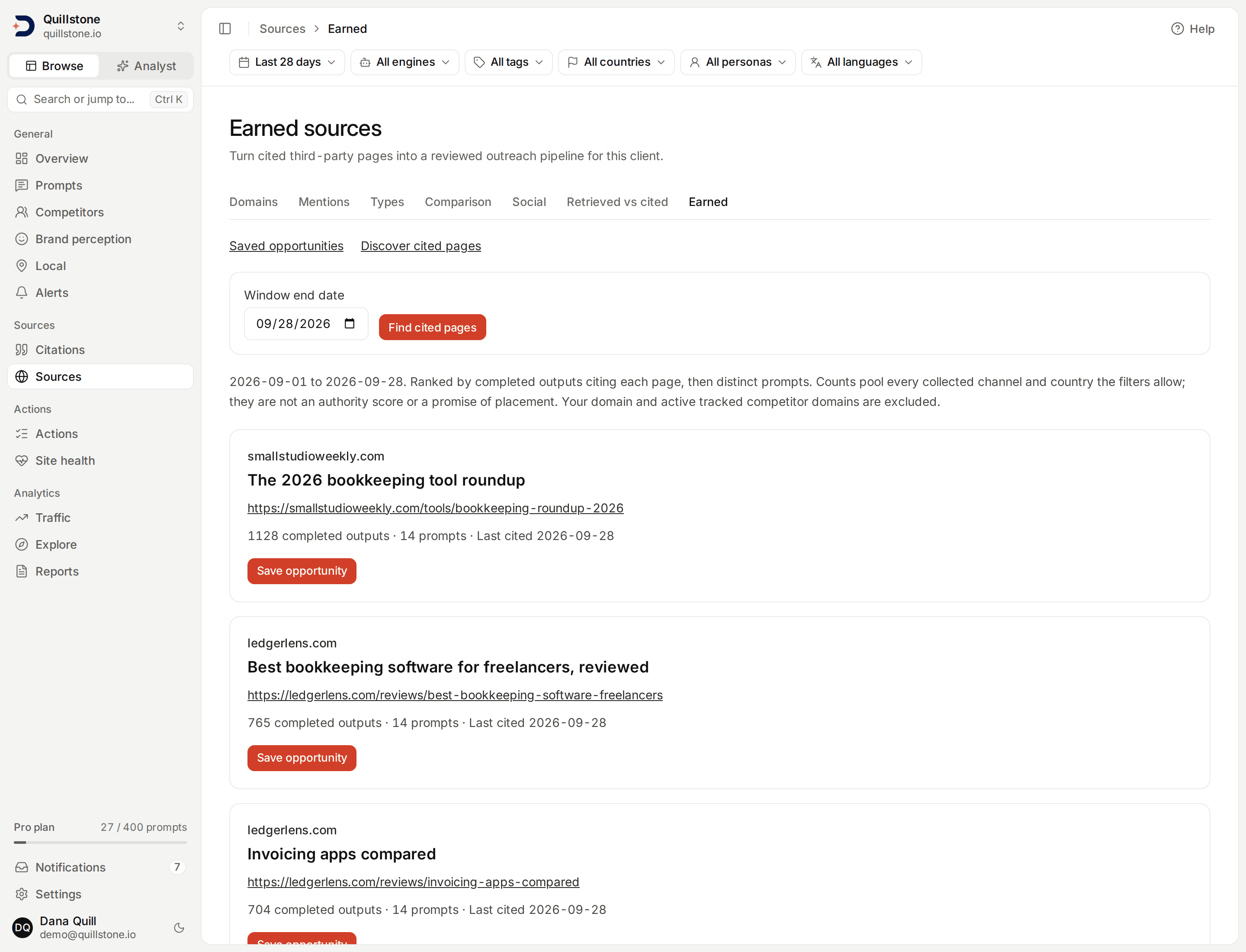 Earned-source discovery with saved citation counts and opportunity actions.