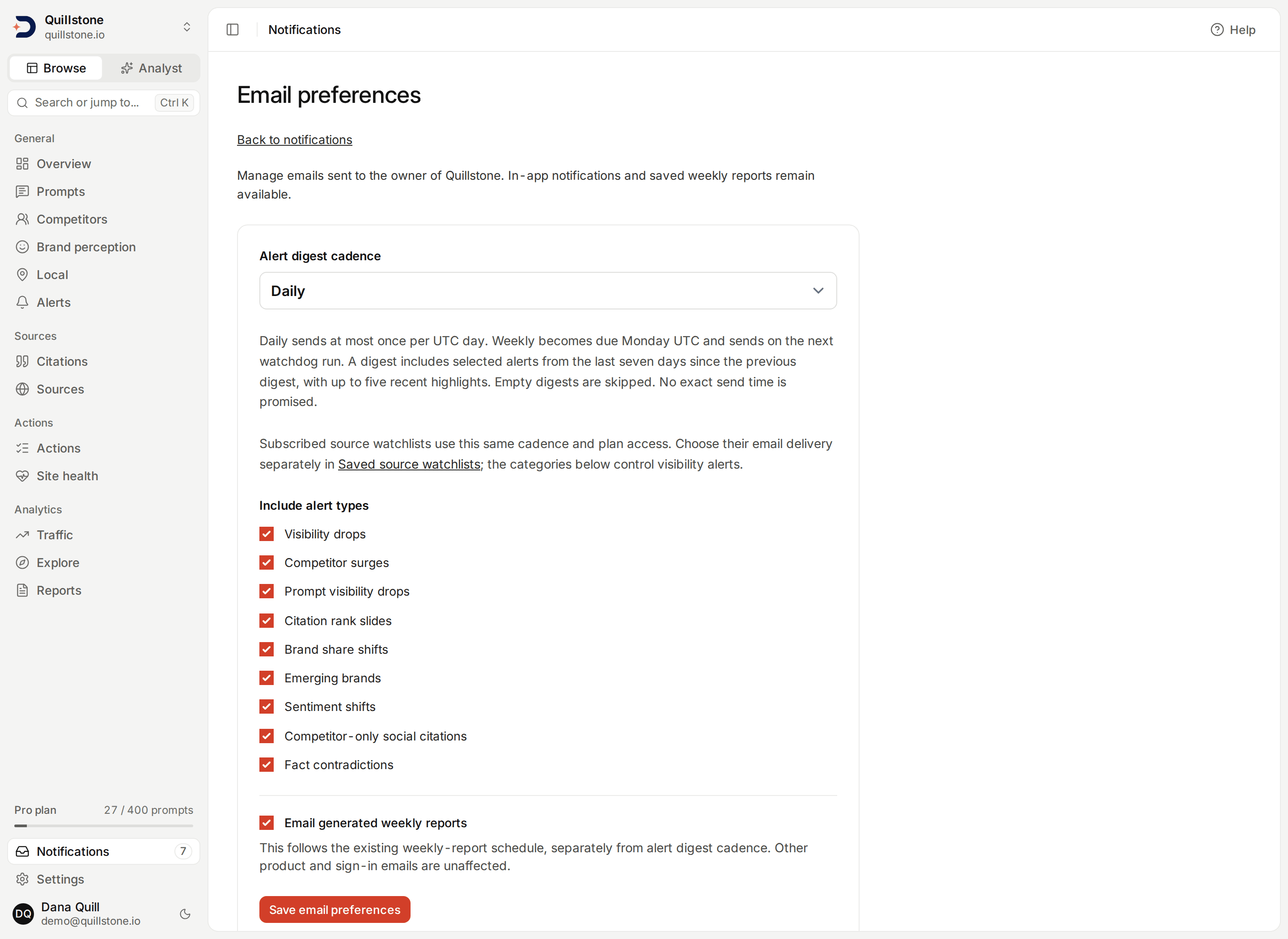 Project owner email preferences with all nine alert categories selected, from Visibility drops to Fact contradictions, and the weekly-report email toggle