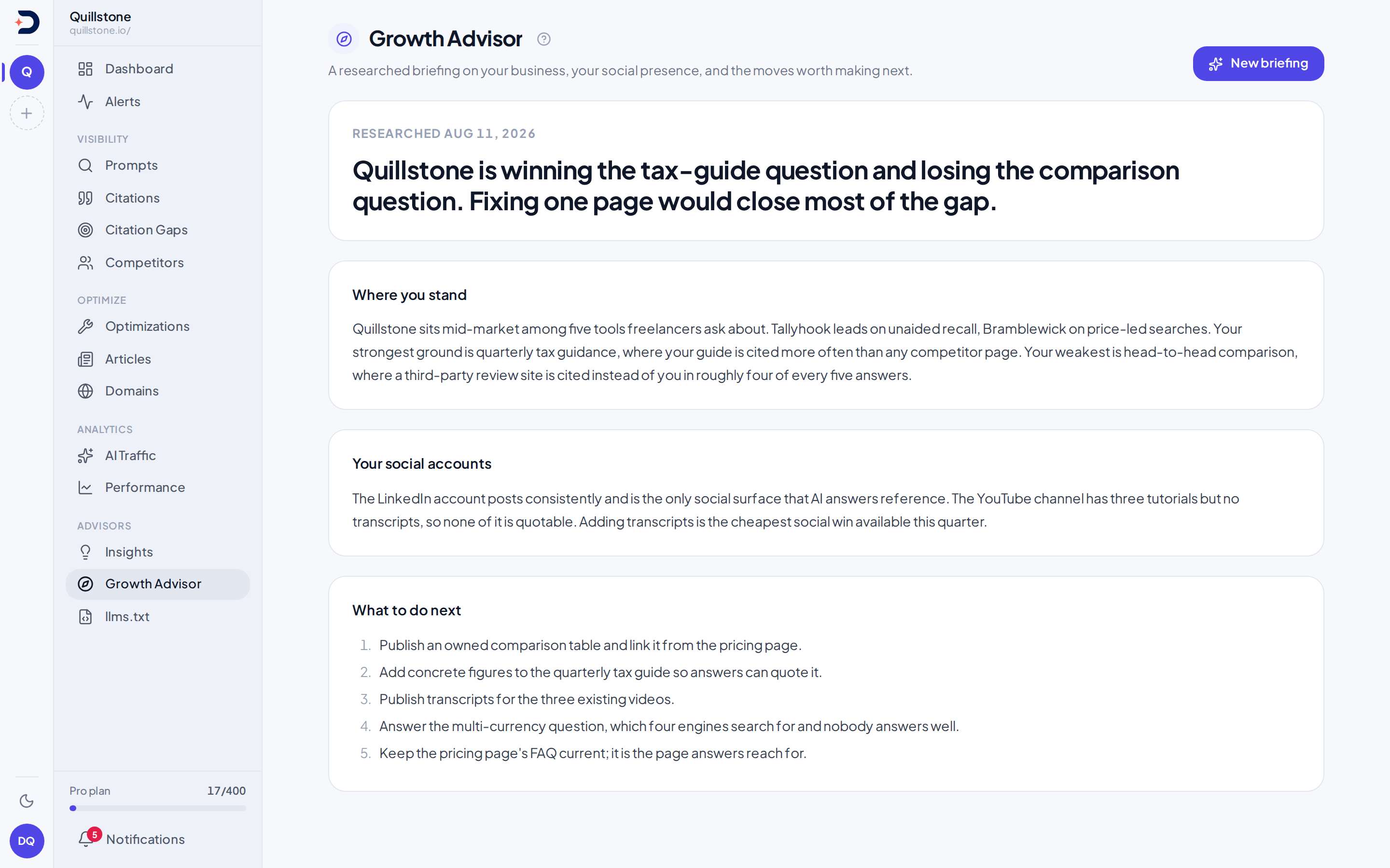 Growth Advisor briefing showing where you stand against competitors, social account notes, and a numbered list of next actions
