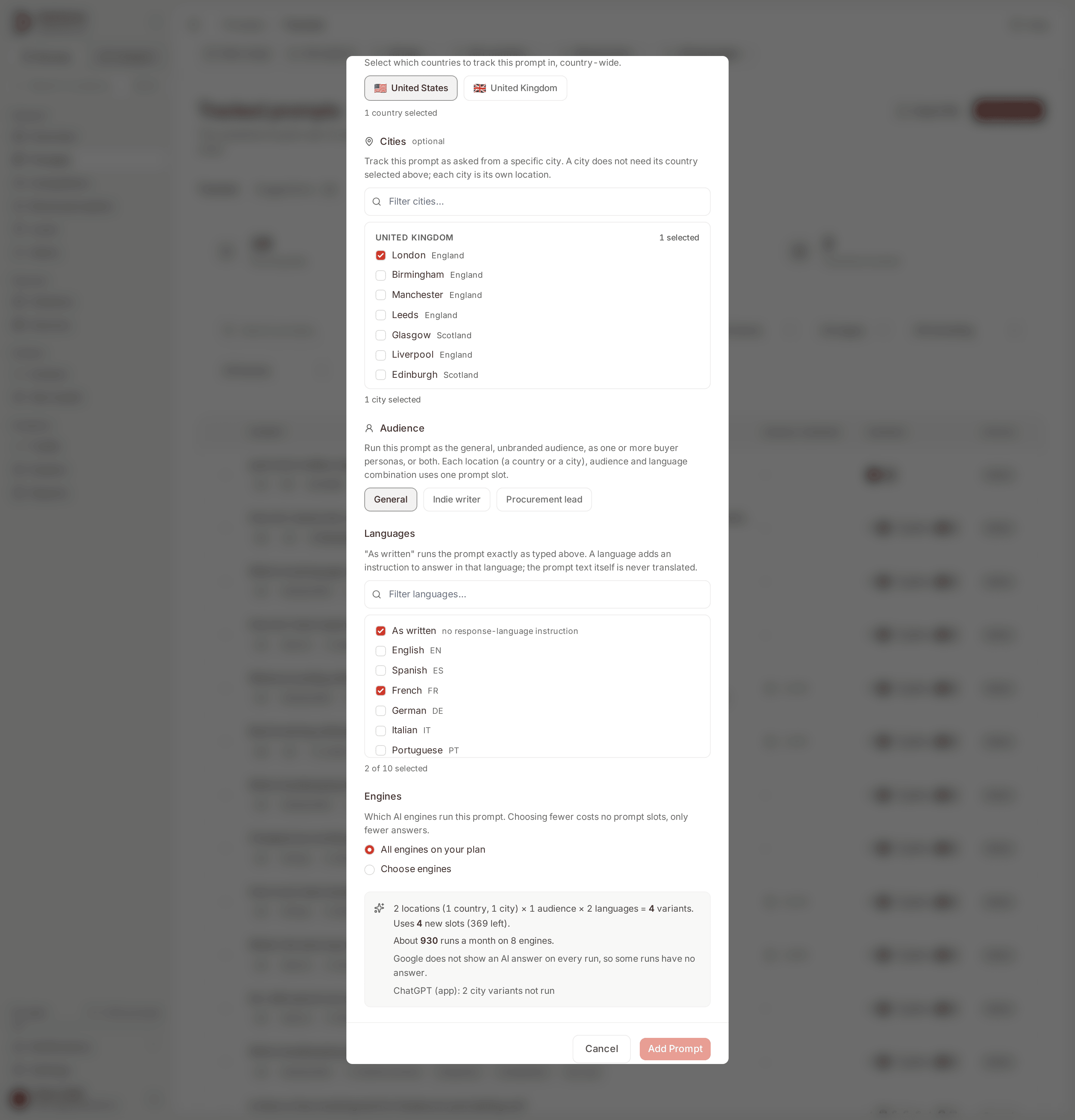 The Add prompt form with the United States and the city of London selected, As written and French both selected, all engines chosen, and the live preview sentence counting 2 locations.
