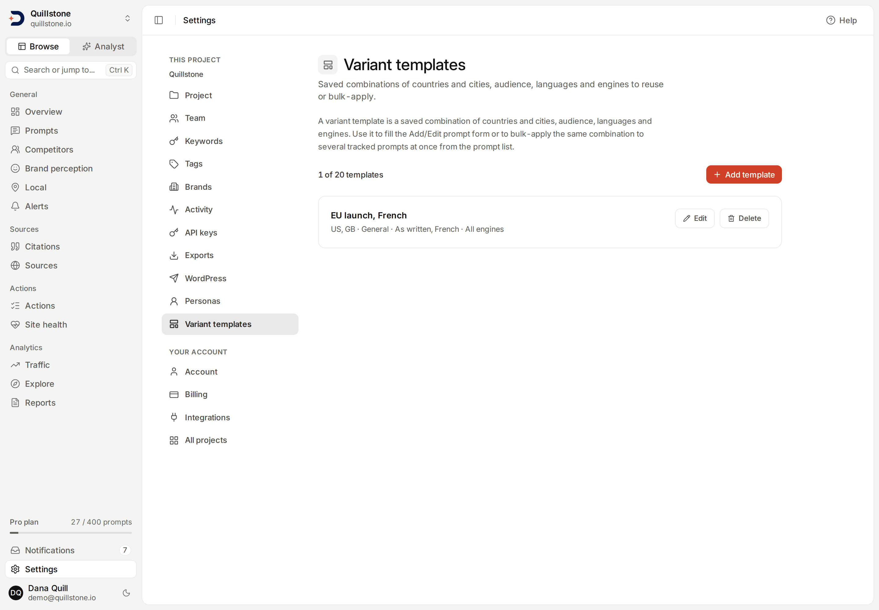 Variant templates settings page listing a saved combination of countries, audience, languages and engines