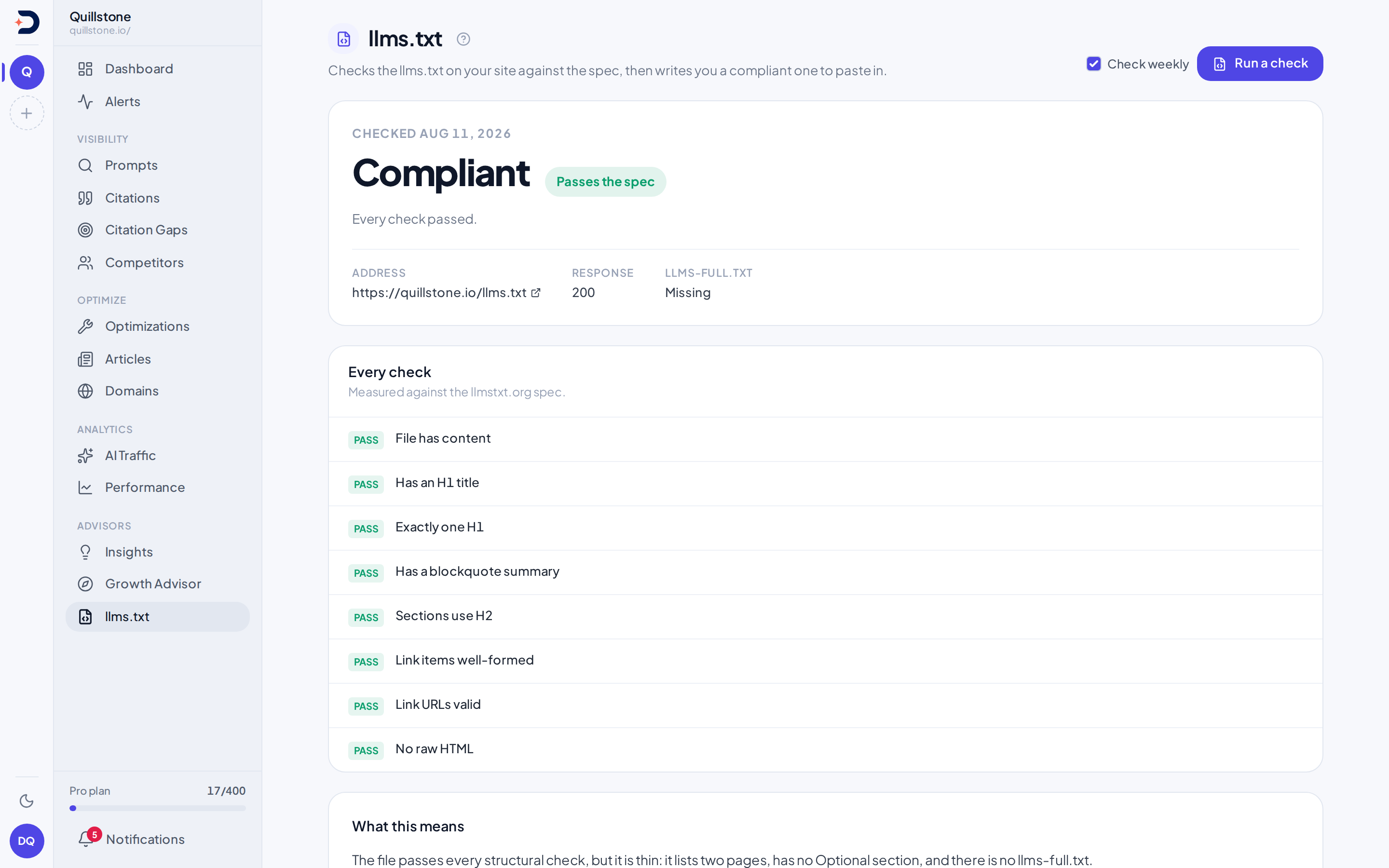 llms.txt Advisor screen showing a compliant result with every spec check passing