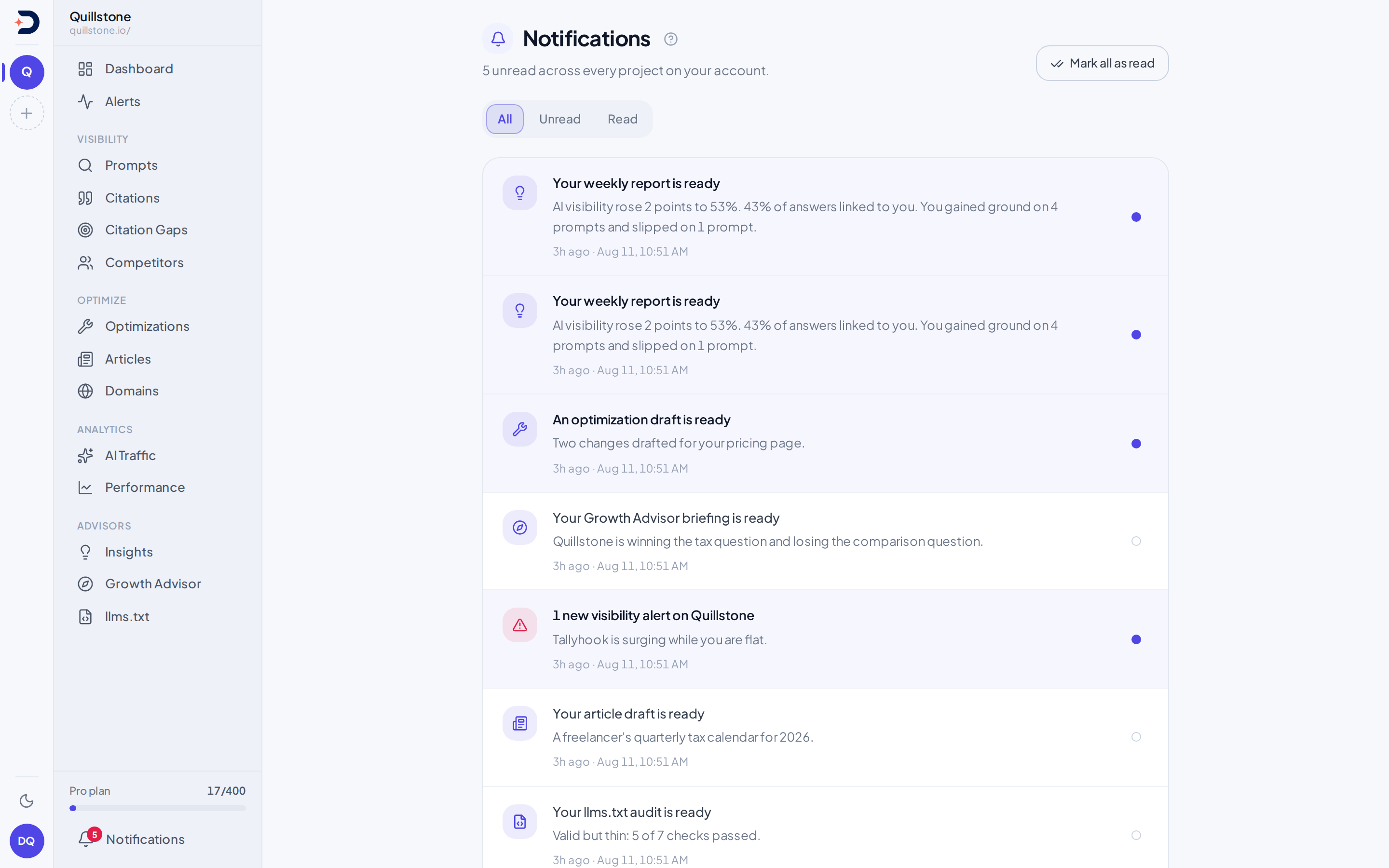 Notifications list showing weekly report, optimization, growth advisor, alert, article, and llms.txt audit entries