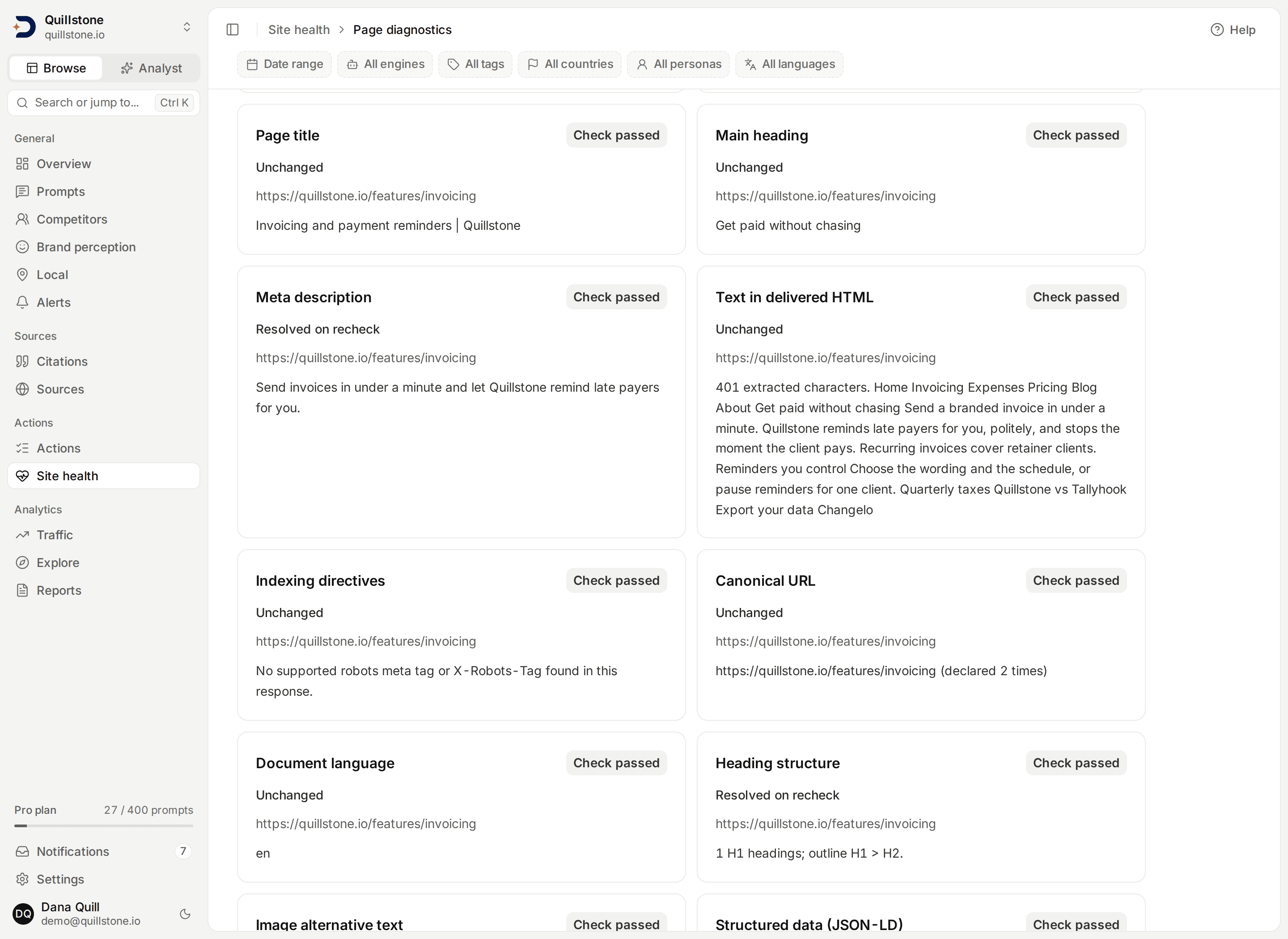 Illustrative recheck showing resolved heading and description findings, and a canonical URL declared twice still passing