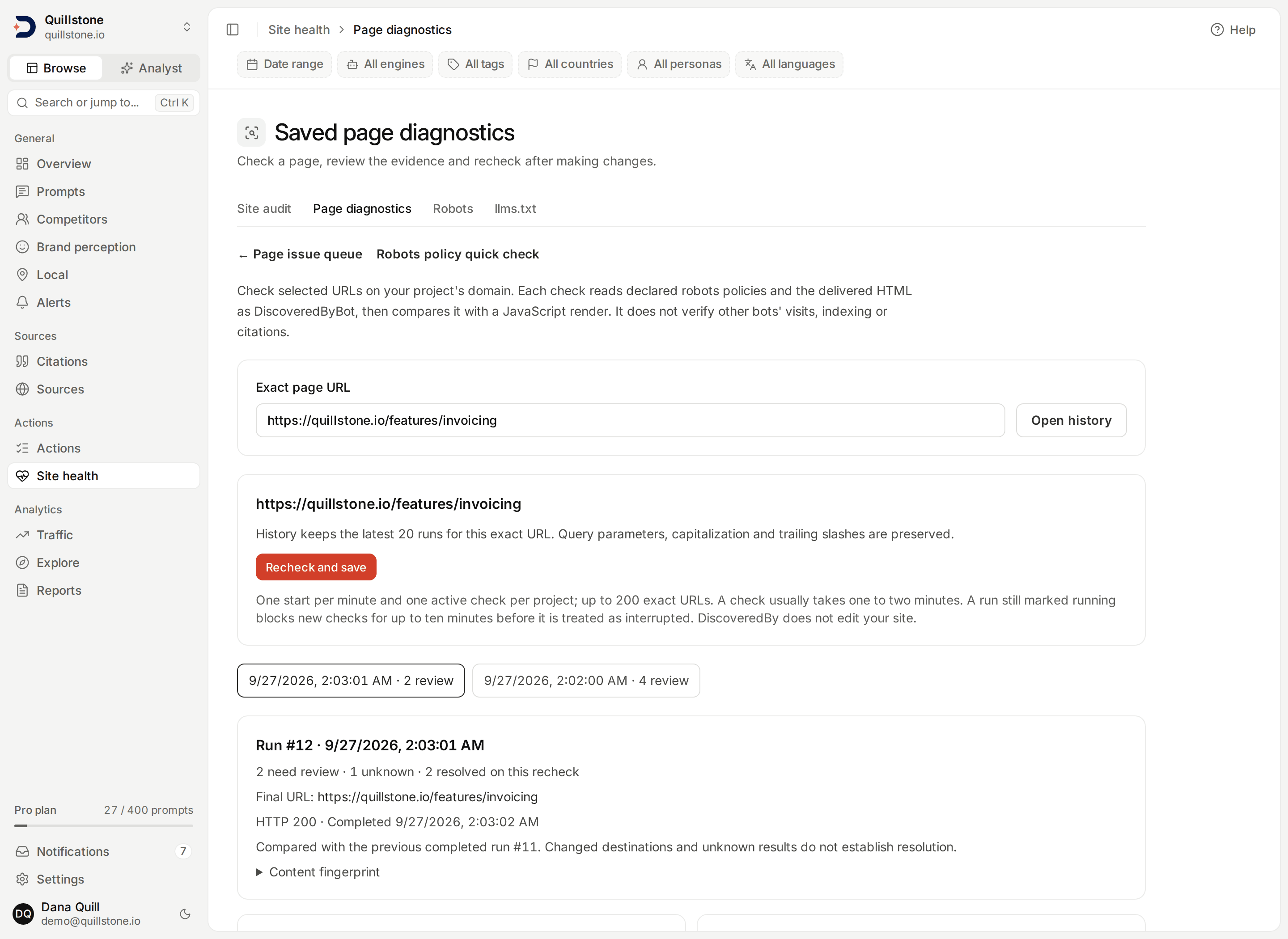 Saved page diagnostics showing a run summary with review and resolved counts, and recheck results.