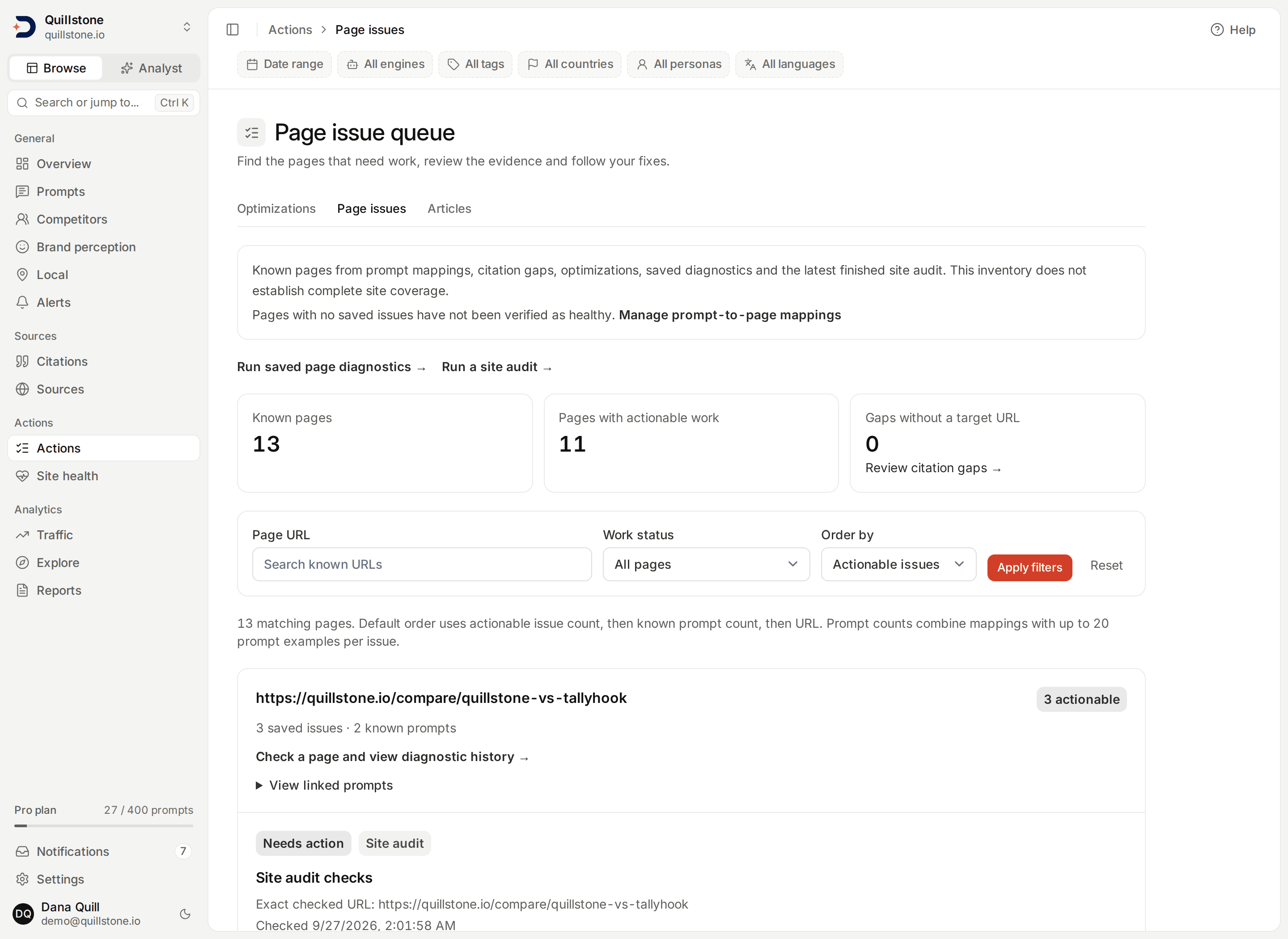 The Page issue queue: counts of known pages, pages with actionable work and gaps without a target URL, filters for URL, status and order, and Quillstone's comparison page with three actionable issues, the first its site audit checks.