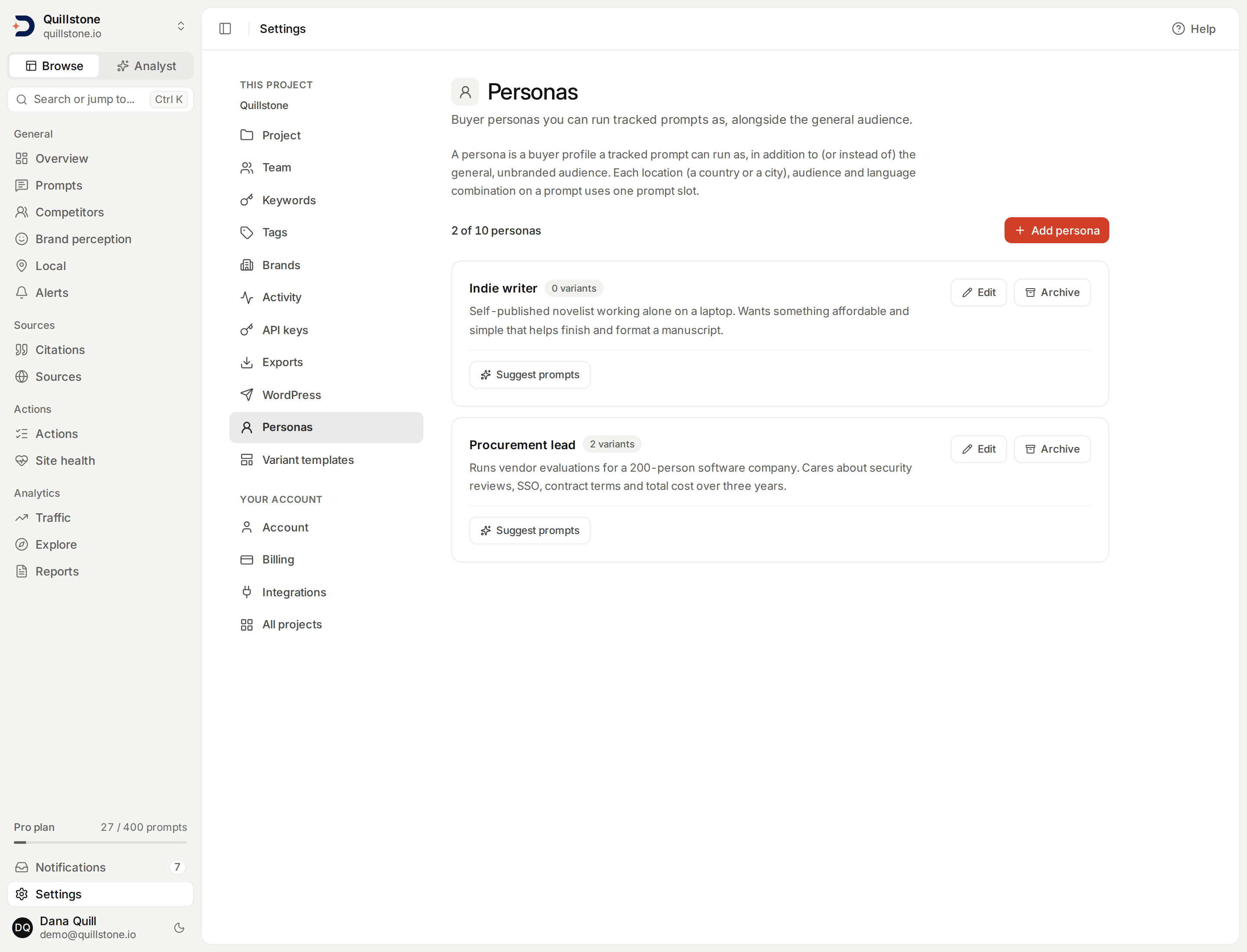 The Personas settings screen showing two active persona cards, Indie writer and Procurement lead, with their variant counts, their edit, archive and suggest-prompts controls, and the Add persona button.