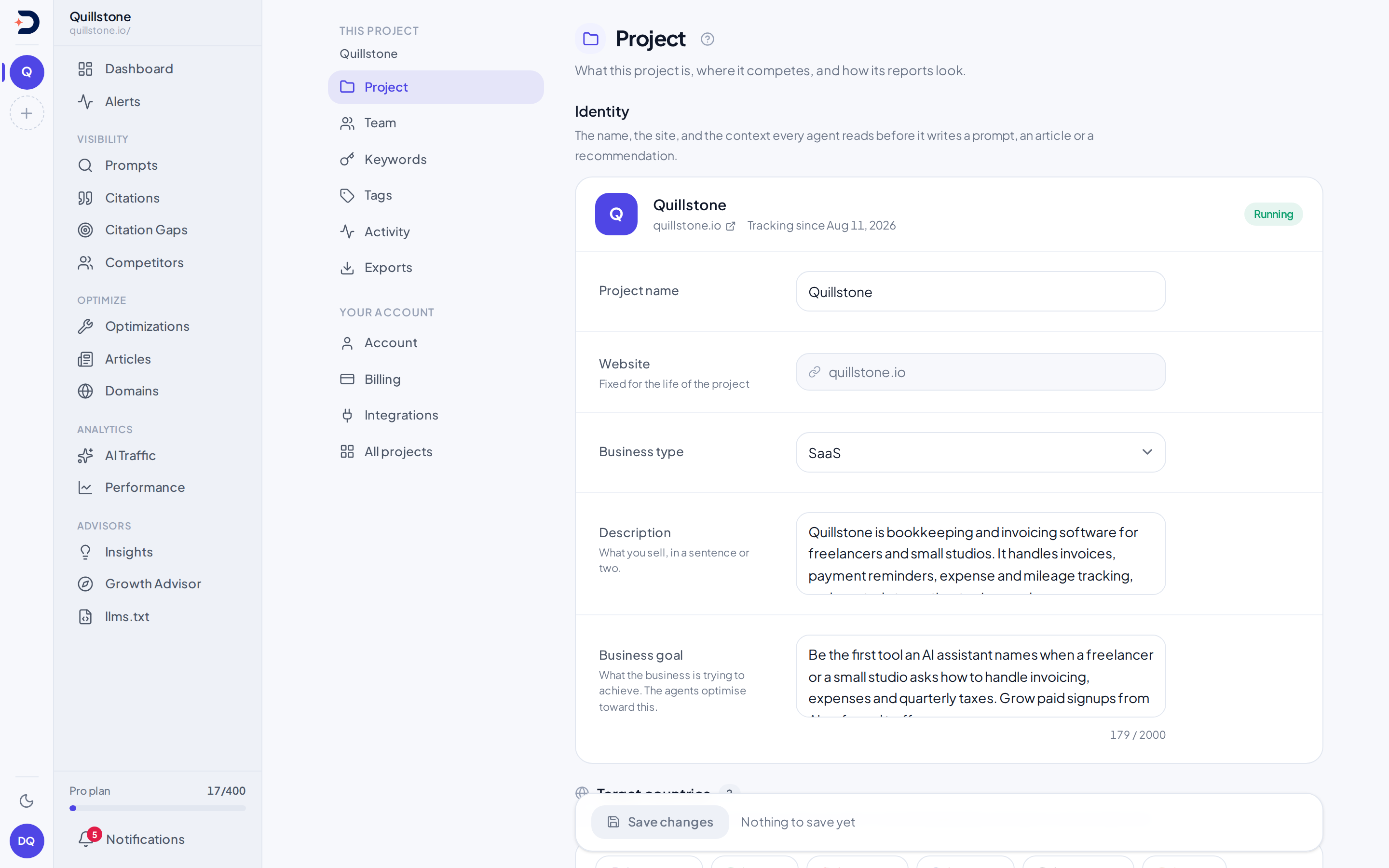 Project settings screen showing the identity fields: name, website, business type, description, and business goal