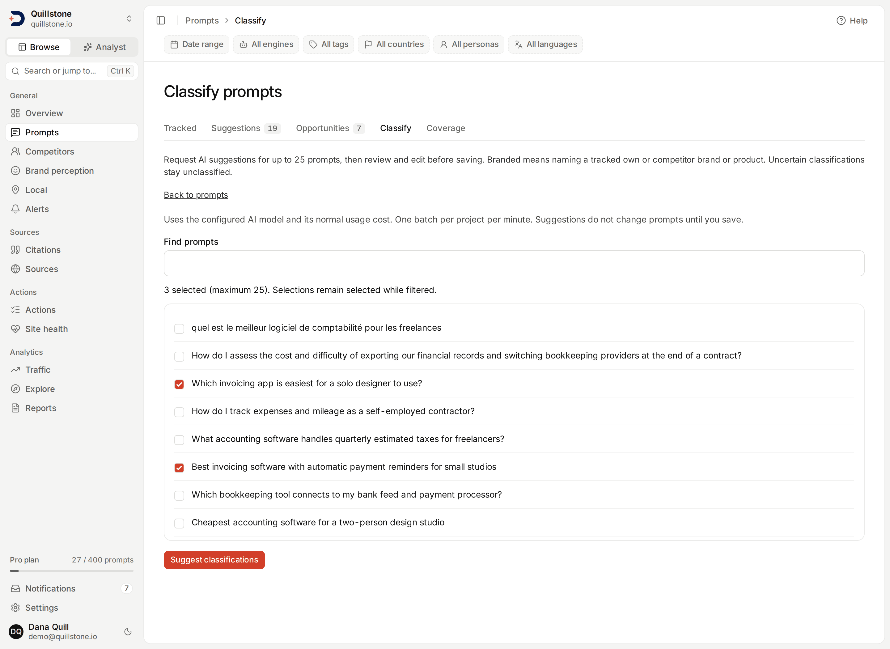 The Classify tab with three prompts selected, ready to request AI classification suggestions