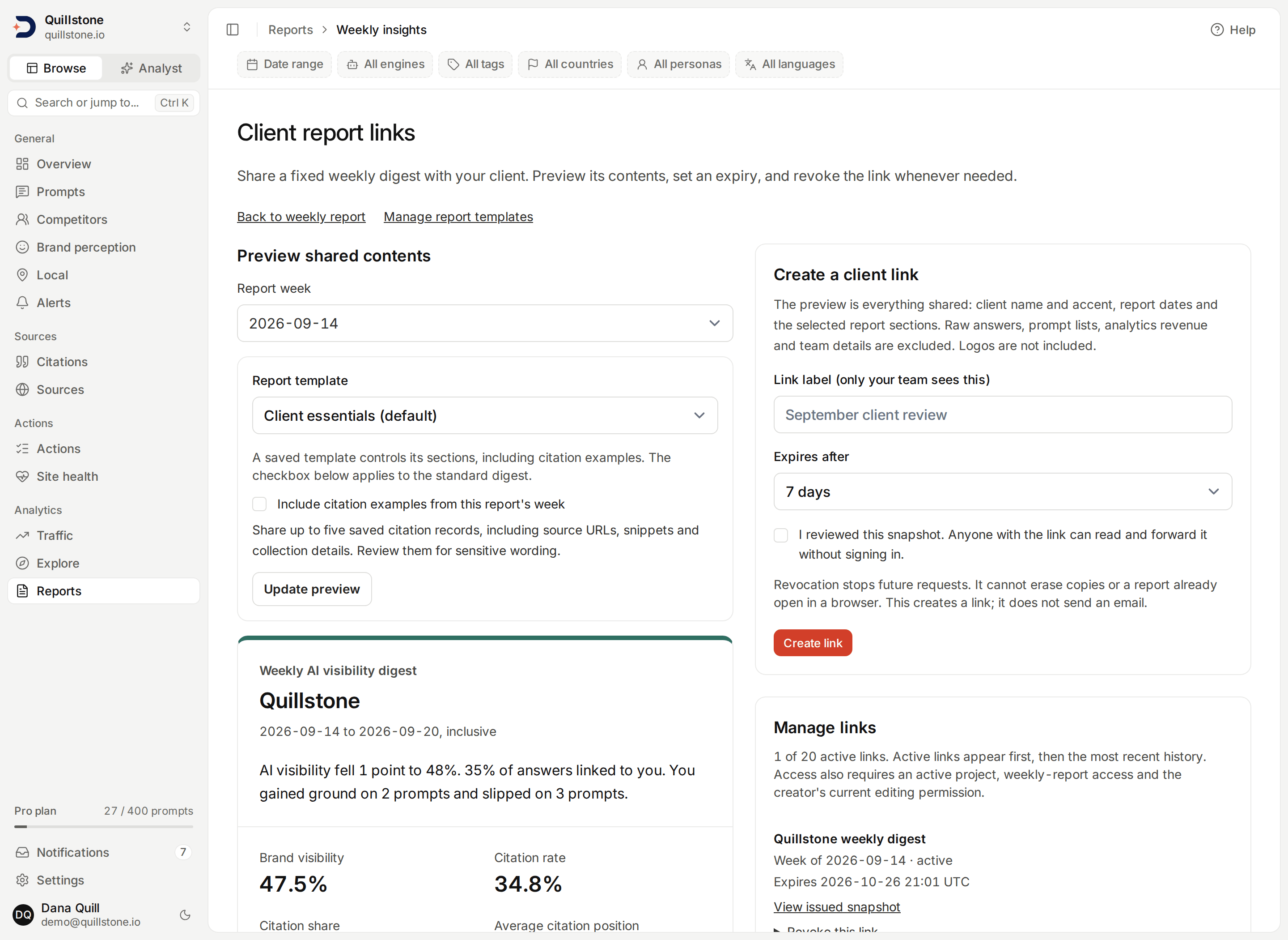 Client report link management with the exact snapshot preview