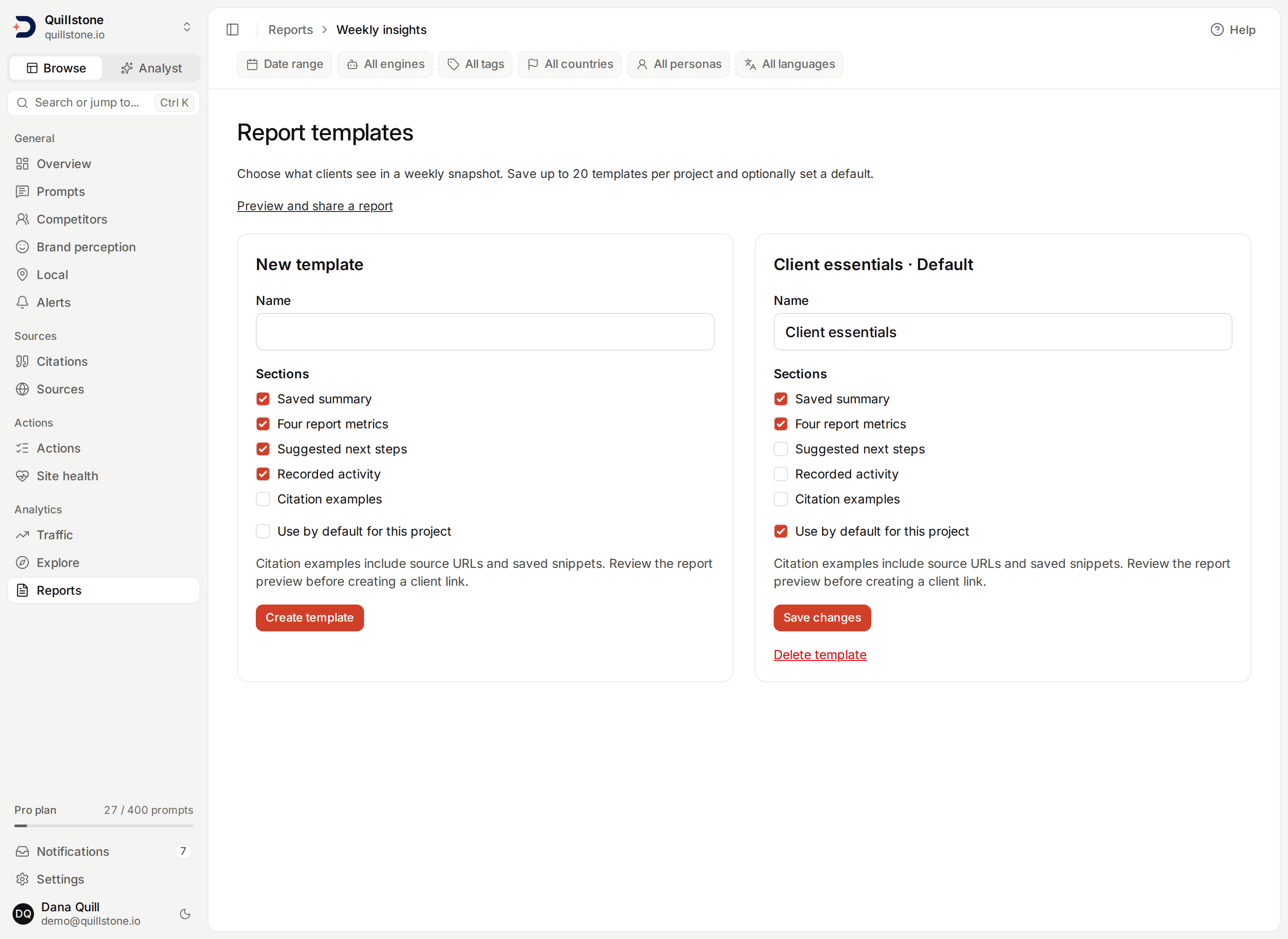 Saved report templates with selectable sections