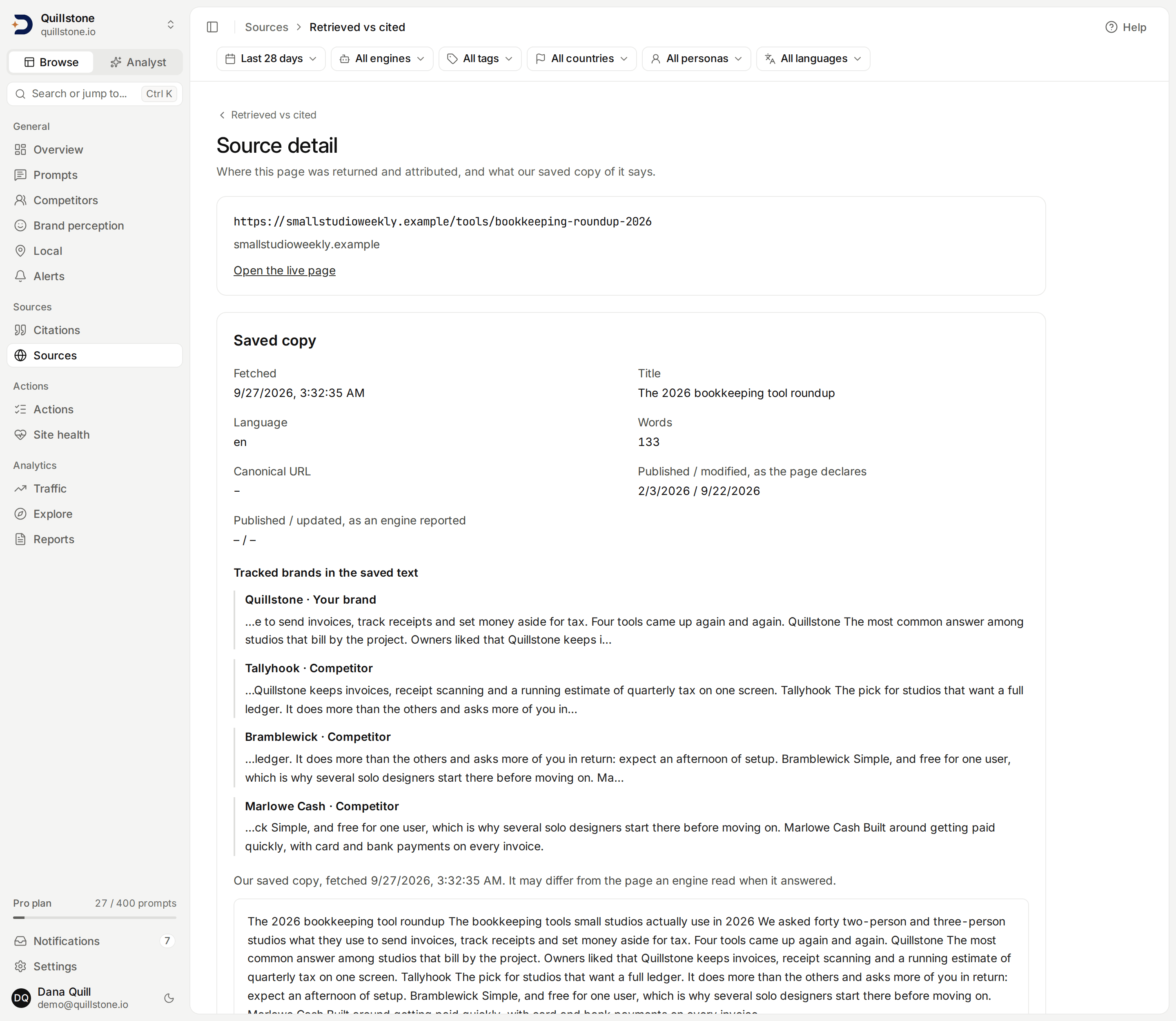Source detail showing the saved copy of a page, tracked brand matches and the page text