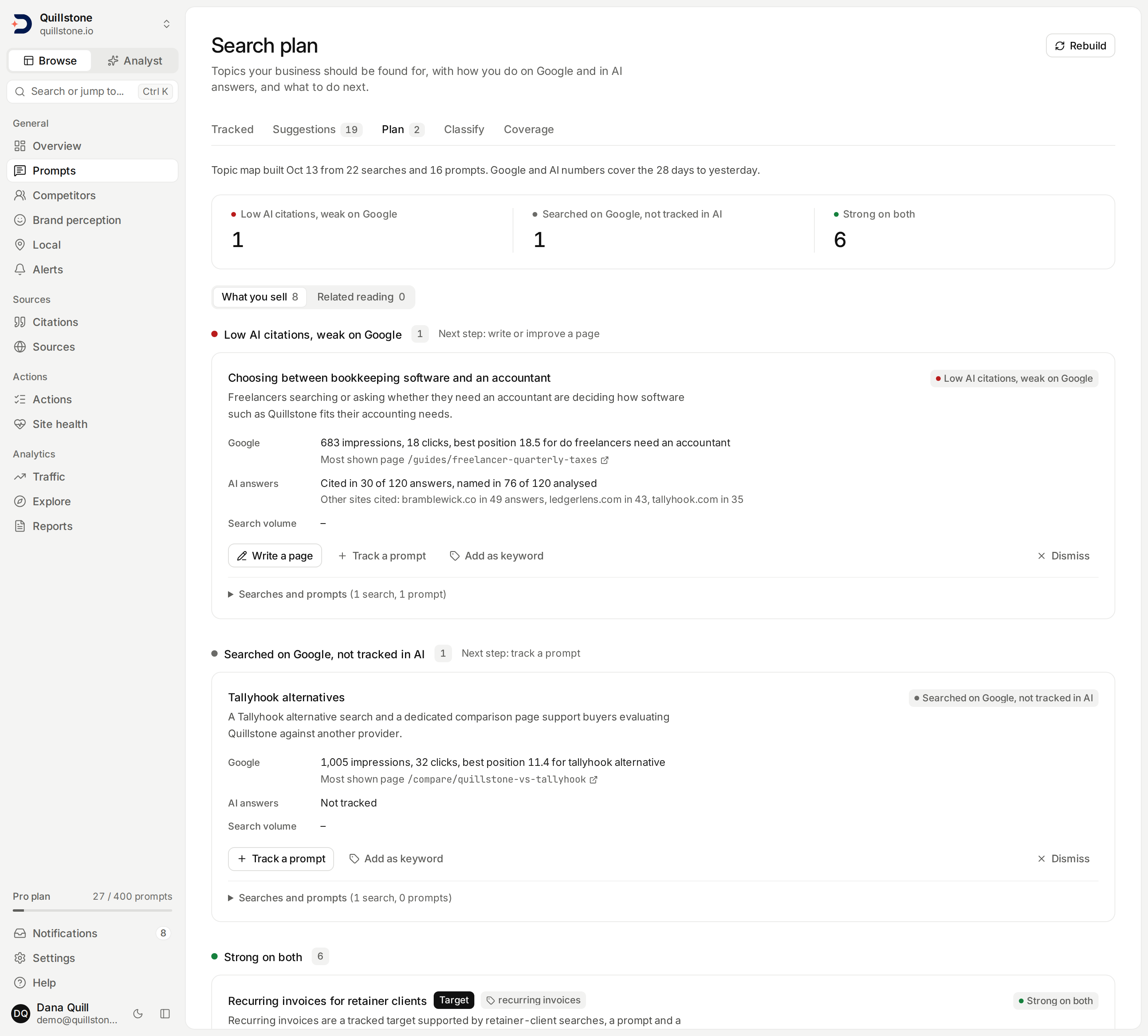 The Search plan screen for the demo project: the line saying when the topic map was built and which days the numbers cover, the count of topics in each state, the What you sell and Related reading views, and the first topic cards with their Google, AI answers and search volume lines and their actions