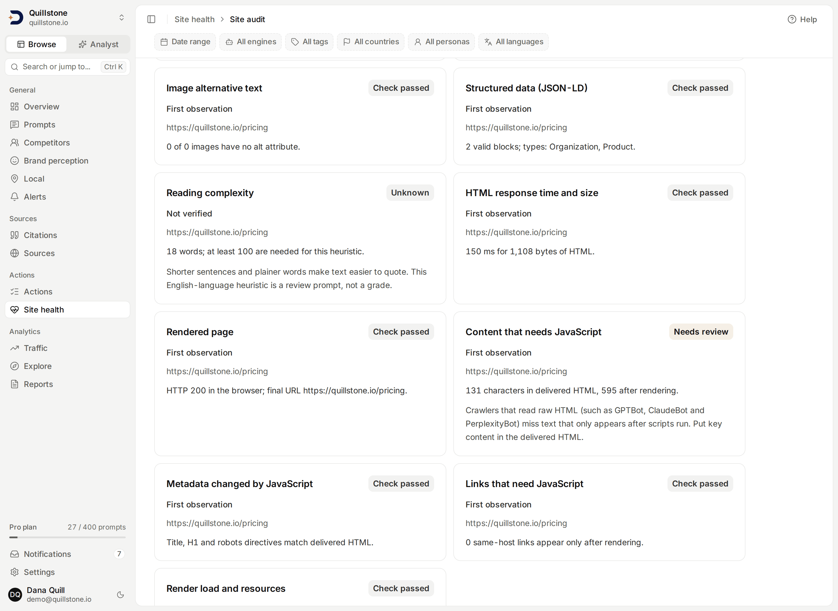 Illustrative audit page evidence scrolled to the readability, response and JavaScript render check cards