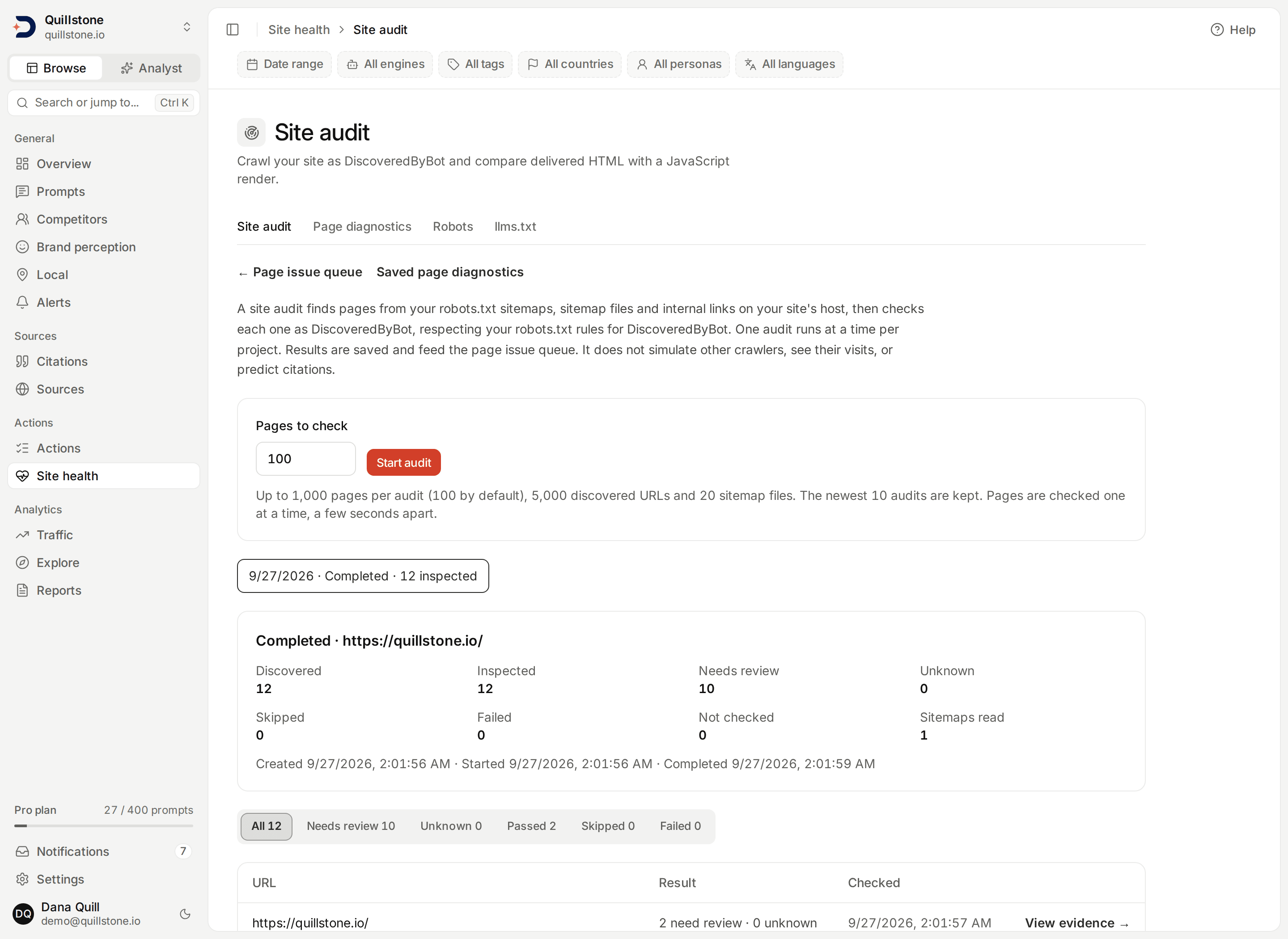Site audit showing audit progress, counters, filter tabs and a page results table.