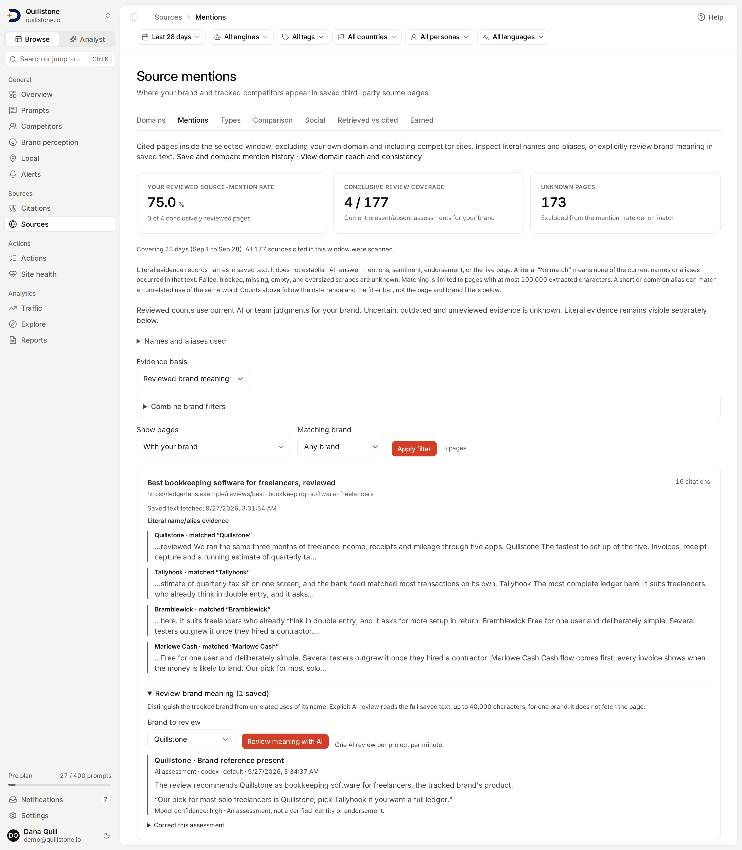 Reviewed brand meaning on illustrative source pages: a team correction of an AI review on a forum thread