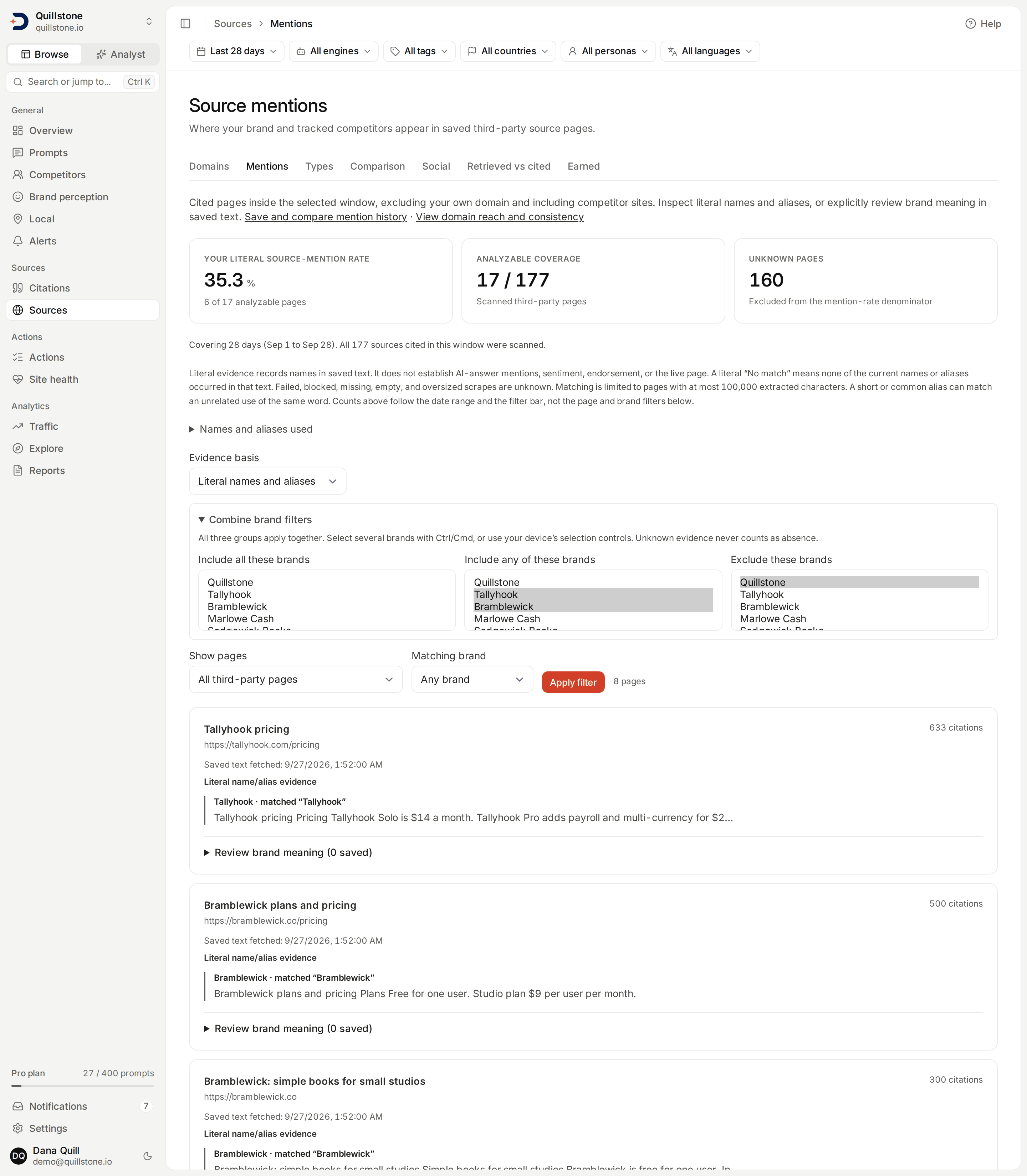 Source-page mention evidence and scrape coverage