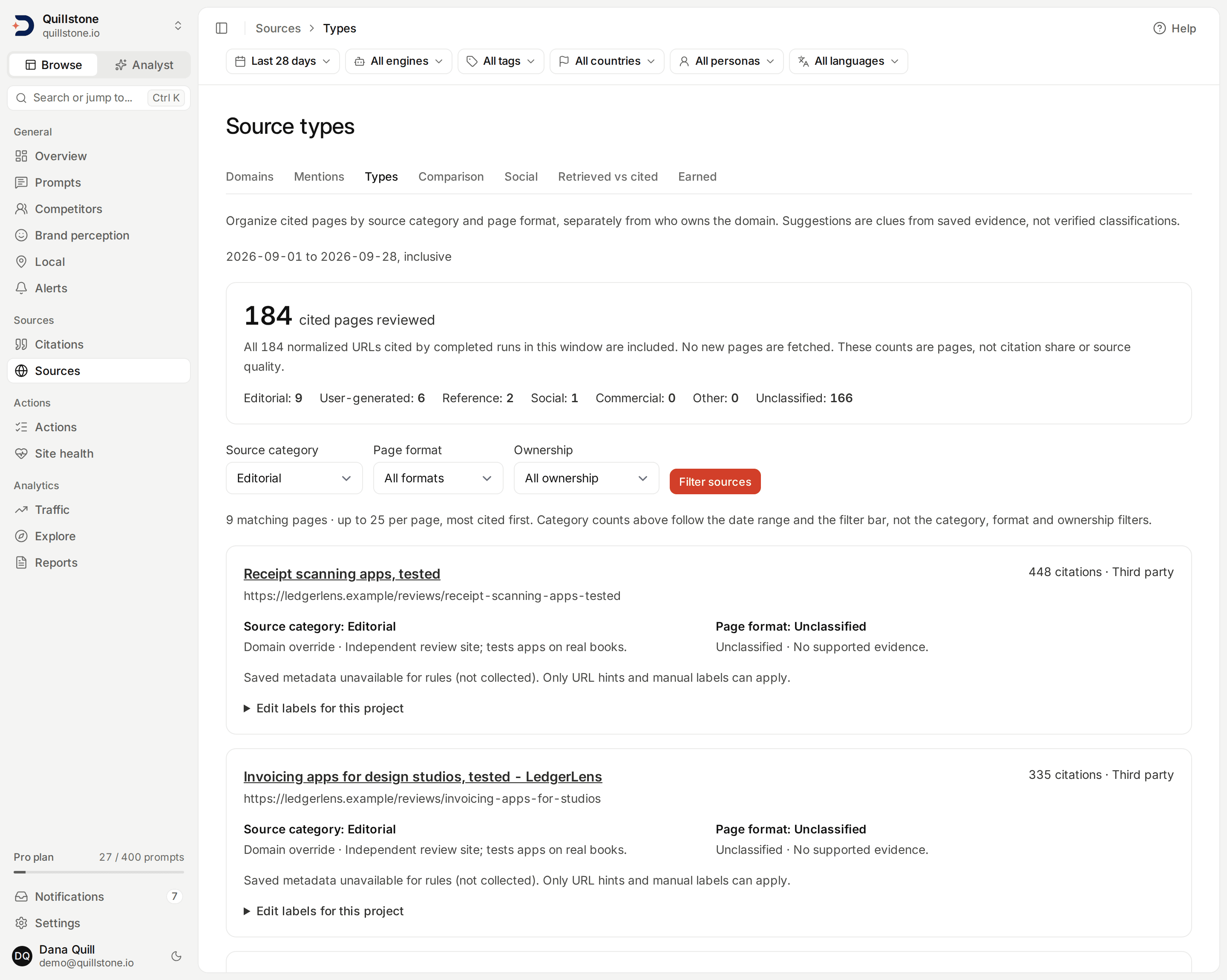 Source types filtered to Editorial, showing project-specific page and domain labels and their evidence