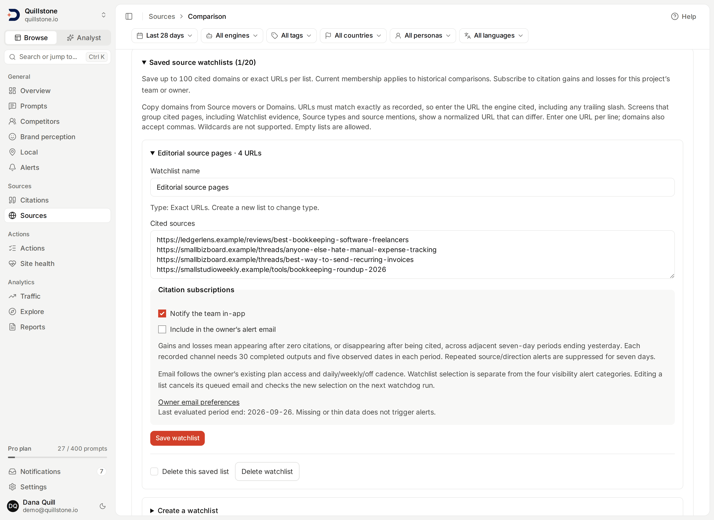 URL watchlist with citation subscriptions