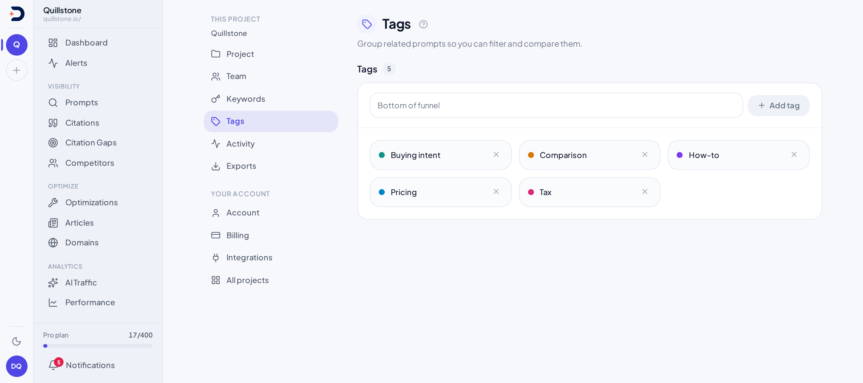 Tags settings screen showing the project's tags with add and remove controls