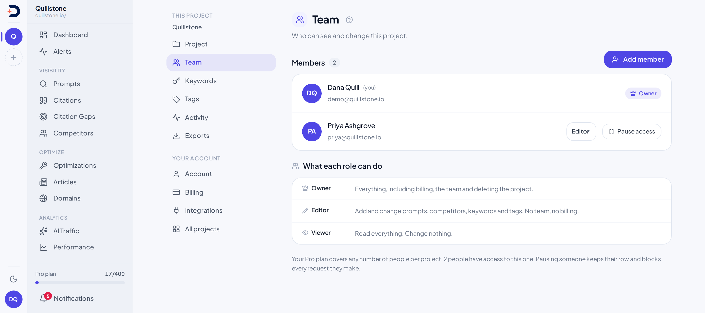 Team settings screen showing project members with their roles and a table explaining what each role can do