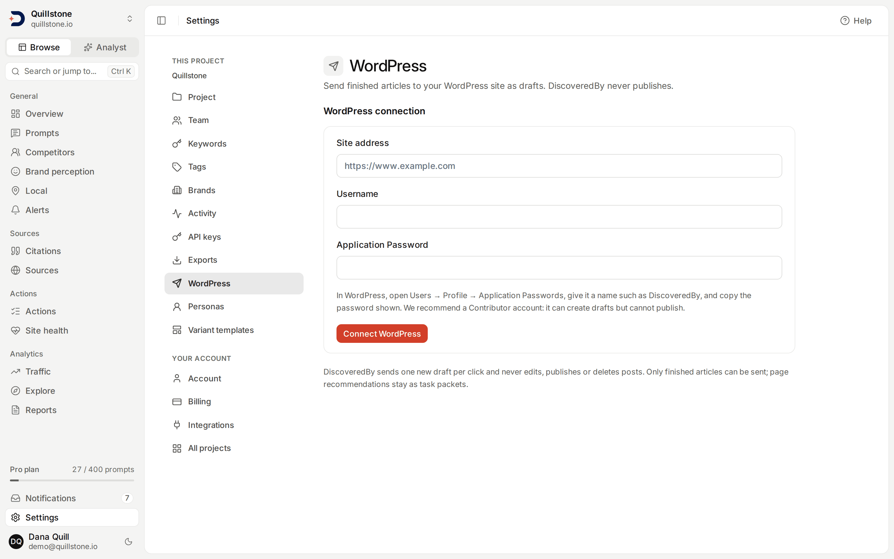 WordPress settings before a site is connected: the site address, username and application password fields, and the Connect WordPress button.